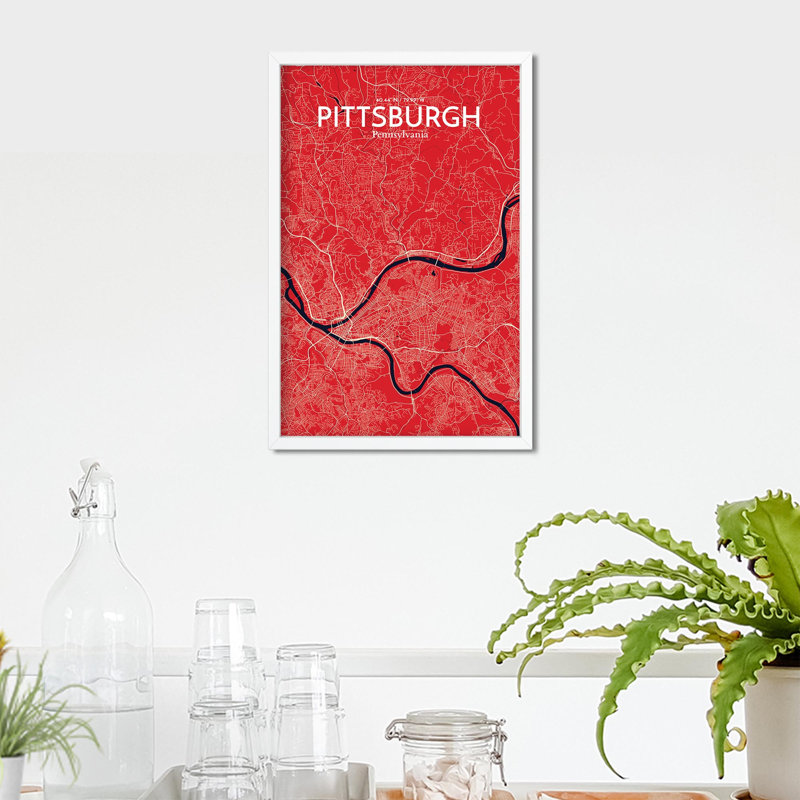 Pittsburgh City Map, impression, H 17 po x l 11 po, Rouge / Bleu marine