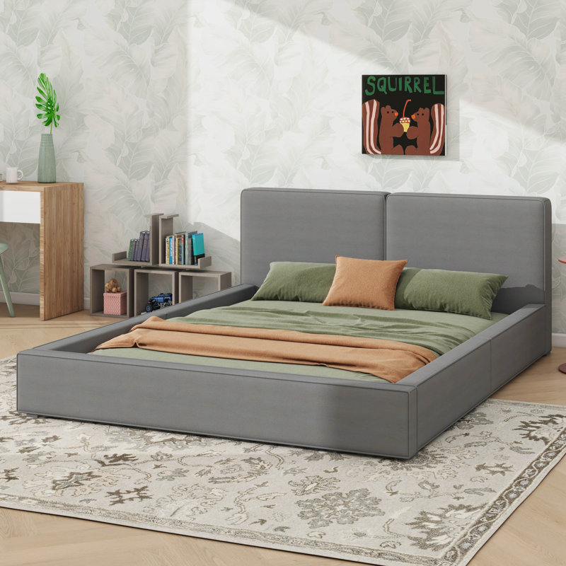 Queen-Sized Upholstered Platform Bed With Robust Solid Wood Construction, Gray