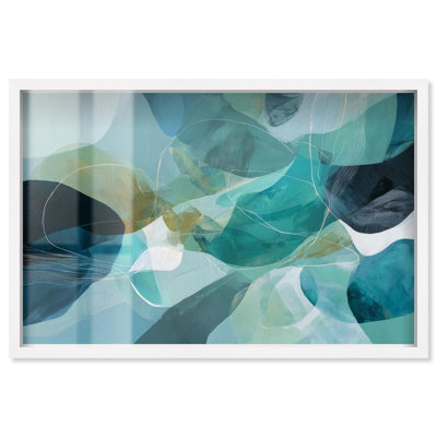 «Oceanic Hues I Shadowbox Print Blue Abstract Decor» par Art Remedy, cadre blanc, 55 x 37