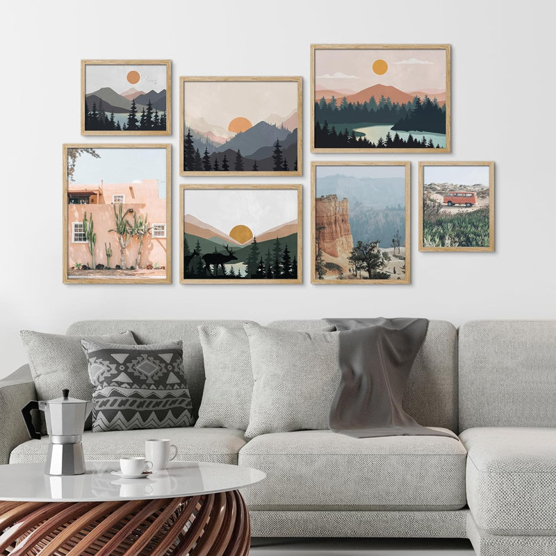 Collage, montagne, lac, soleil, nature, paysages, art moderne pour le salon, la chambre à coucher, le bureau, impression encadrée sur papier, 7 pièces