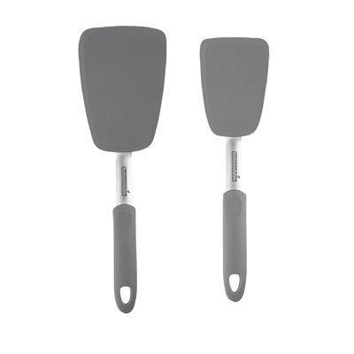 Ensemble de spatules en silicone 1 pièce 2 pièces pour ustensiles de cuisine en silicone souple résistant à la chaleur, flip de cuisine gris antiadhésif avec poignée en caoutchouc doux au toucher, ergonomique lavable au lave-vaisselle