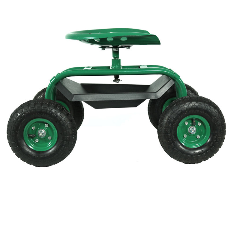 Trottinette de jardin en acier avec siège pivotant et plateau à outils - Vert, Vert