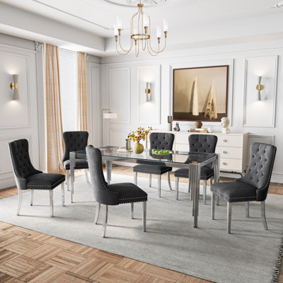 7 Piece Dining Table Set,80.71” Rectangular Glass Dining Table And 6 Luxurious Velvet Chairs