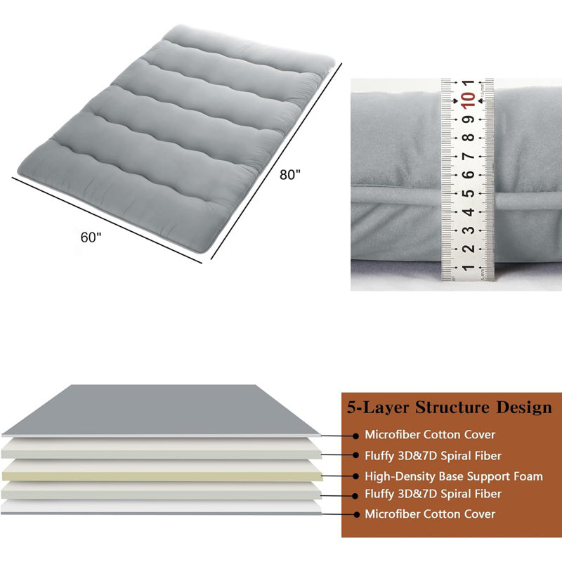 Matelas de futon japonais, Gris, Grand lit