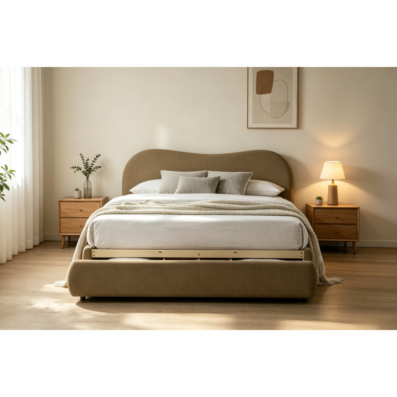 Lit 1 pièce Boucle, tête de lit courbée avec rangement FB, Brown, Grand lit