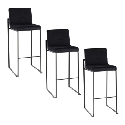 Fuji 30'' Contemporary High Back Barstool Set of 3 - Black Velvet Upholstered Bar Stools with Steel Frame for Kitchen & Dining