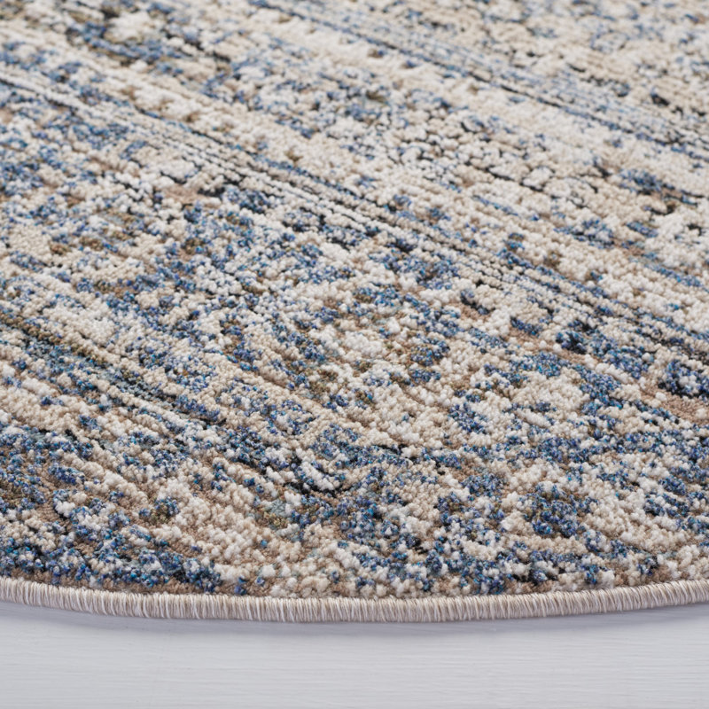 Ivory & Navy Hand-Knotted Round Wool & Synthetic Blend Rug