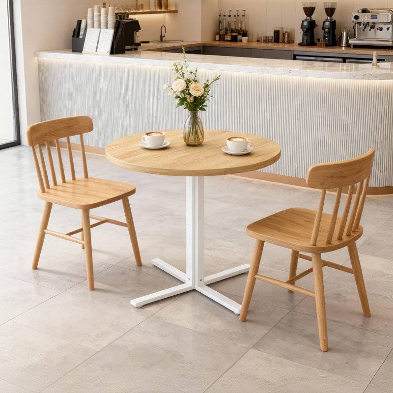 Table de cuisine ronde de 31,5 po de largeur avec cadre robuste pour 2 à 4 personnes, Chêne beige / blanc