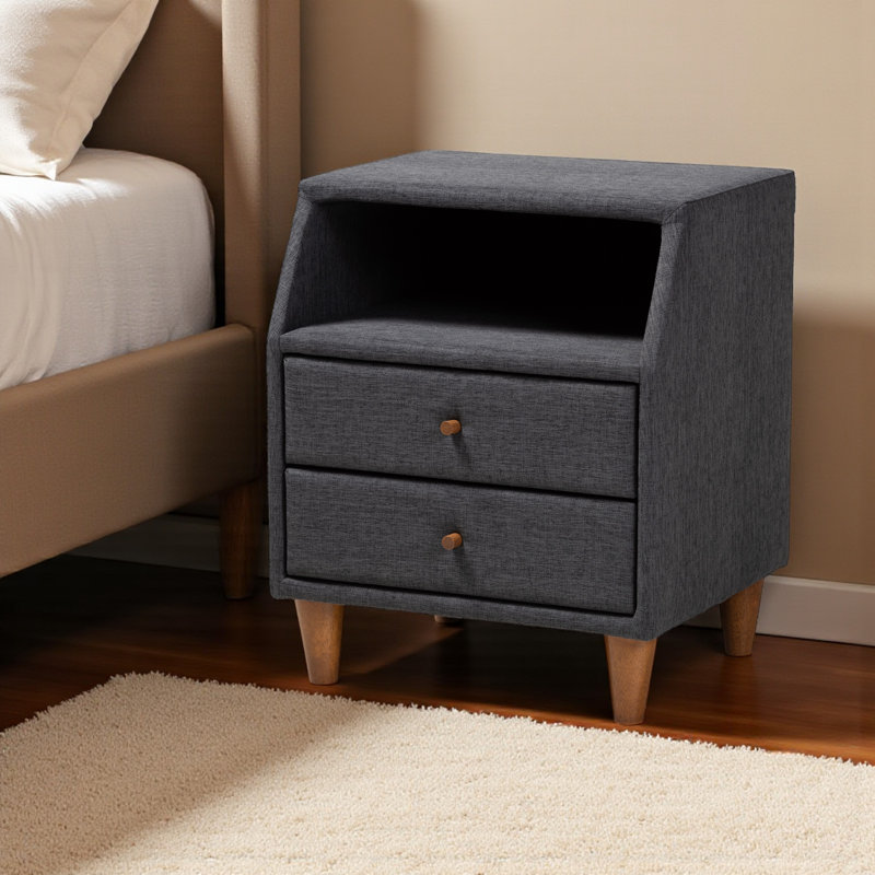 Sirocco Gray 2-Drawer & 1-Shelf With Wood Knob Upholstered Nightstand, 21.79" H X 18.33" W X 15.9" D