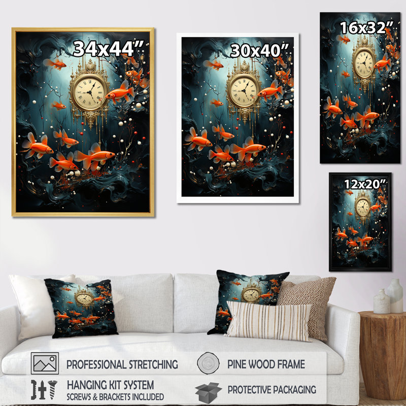 Reproduction sur toile d'une horloge surréaliste, Cadre photo noir, H 44 po x l 34 po x P 1,5 po