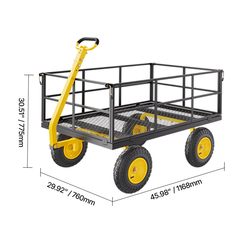 1200 Lbs Steel Garden Cart, Heavy Duty Pullable Garden Wagon Yard Cart, 2 in 1 Outdoor Metal Utility Wagon Yard Trailer with 13" All Terrain Tires, Mesh Removable Sides and 180°Rotating Handle