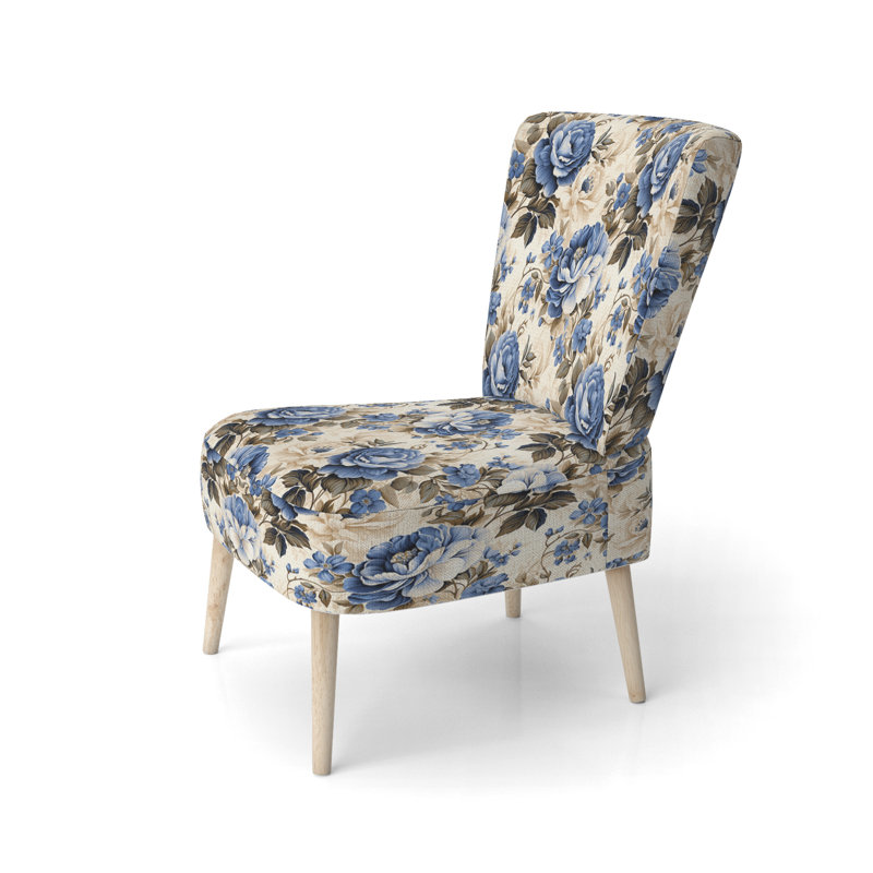 Chaise d'appoint rembourrée Cottage A, Motif victorien camée et treillis bleu de cobalt
