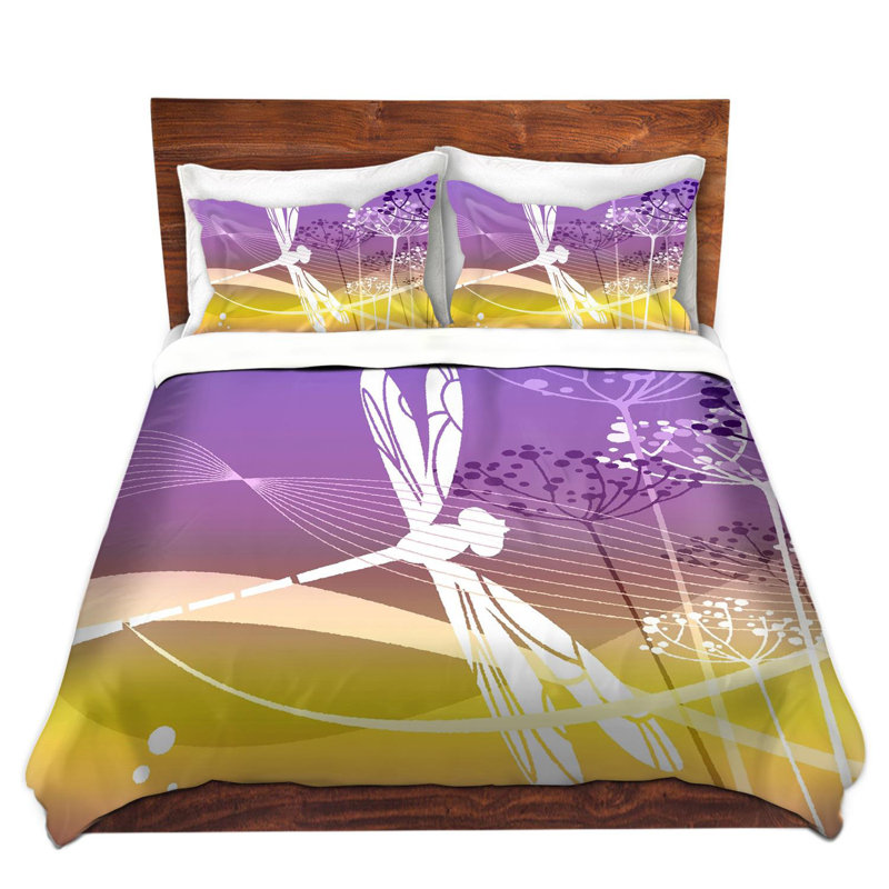  Ensemble de housse de couette à motif de vol cyan, 1 housse simple + 1 taie standard, Bleu / Mauve / Orange