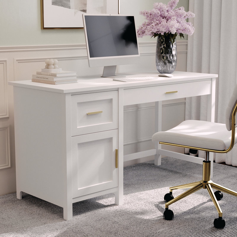 White Wood Home Office Desk with Brass Hardware and Storage