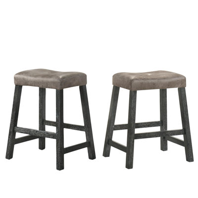 Set of 2 Rustic Counter Stools, 25-Inch Backless Wooden Farmhouse Barstools with Faux Leather Seat, Distressed Finish, Space-Saving Design by Ophelia & Co.