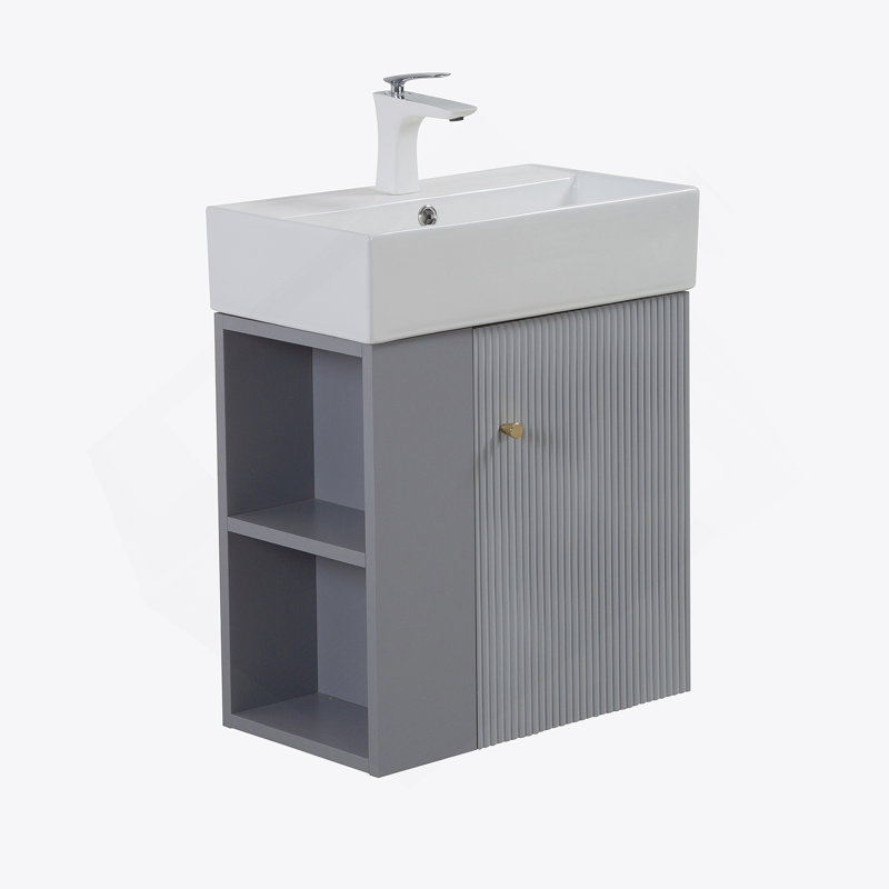 Base de meuble-lavabo mural de 21,6 pouces avec tablette ouverte à gauche et portes à fermeture en douceur pour les salles de bain modernes