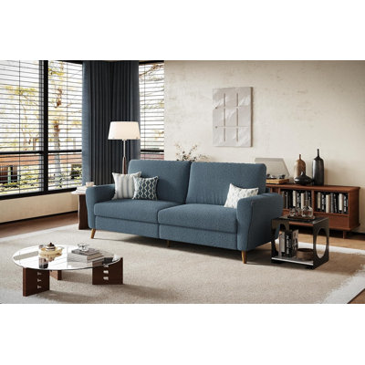 Canapé 84 po Boucle pour salon, canapé 3 places avec sièges profonds, accoudoirs larges, pieds en bois, causeuse moderne pour petits espaces, bureau, appartement, salon, bleu foncé
