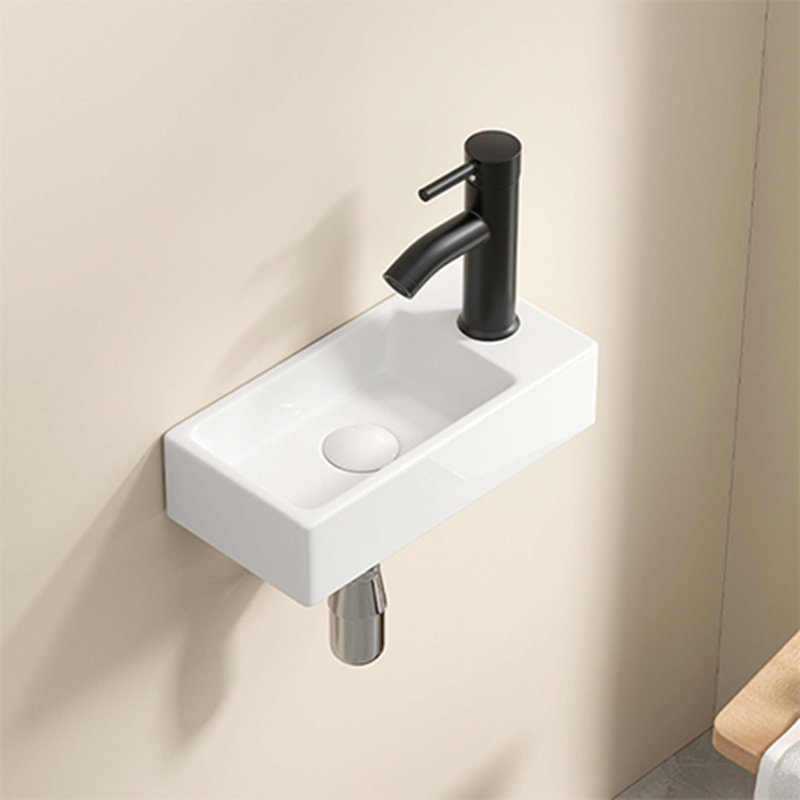 Lavabo mural à petite vasque rectangulaire en céramique avec lavabo à gauche, sans robinet ni bonde