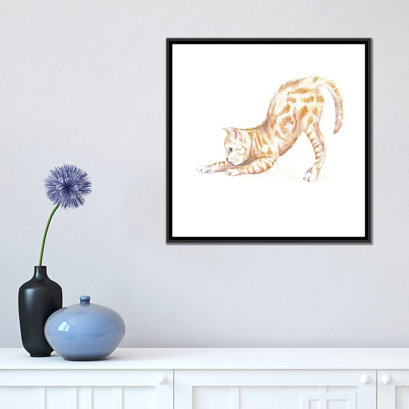 «Stretching Ginger Cat», reproduction sur toile tendue, H 18 po x l 18 po x P 1,5 po, Toile avec cadre noir, Pas de tapis