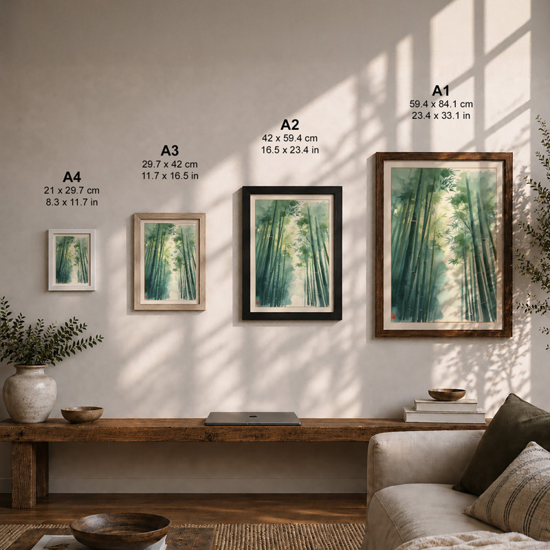 Bamboo Canopy Light Japandi - Framed Print, Black, A4 - 29.7 x 21.0 cm