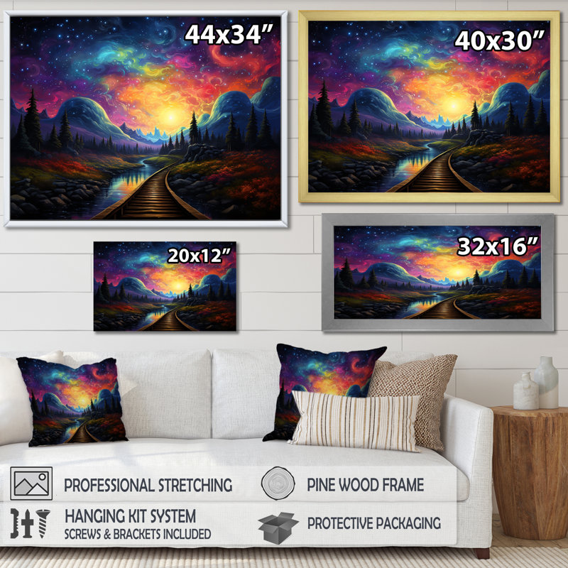 «Starry Night Train Traces To The Sky I» - art mural train, Cadre d'angle fermé noir, H 12 po x l 20 po x P 1 po