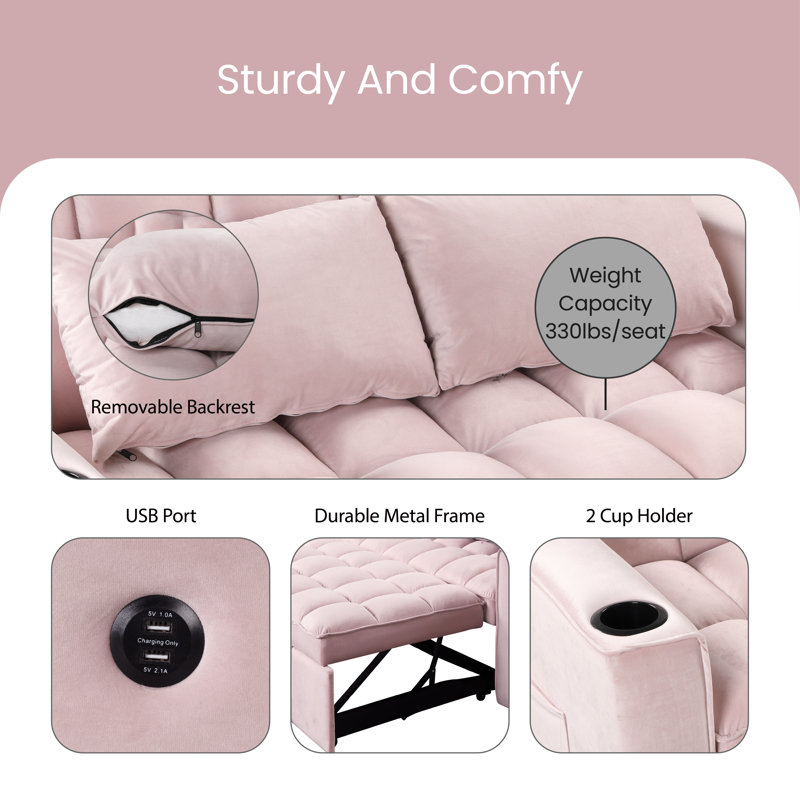 Futon rembourré Bulut 55.3, Velours rose