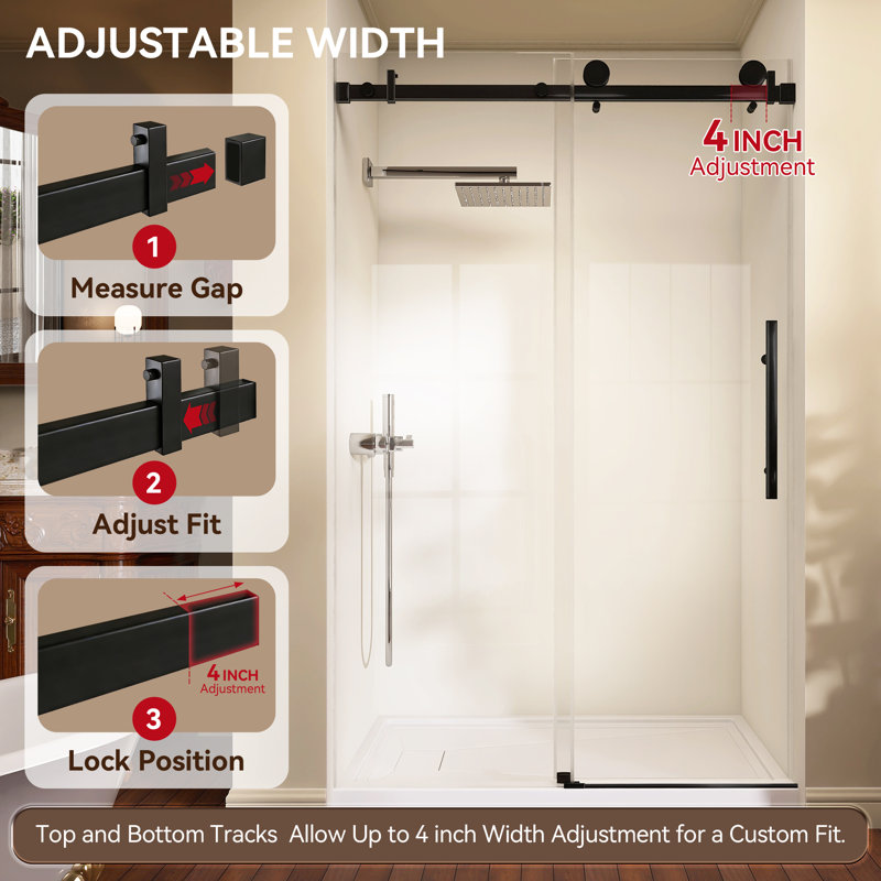 44" - 48" W X 76'' H Frameless Single Sliding Shower Door Bypass Matte Black Glass Door Alcove Bathroom Shower Door with Clear Tempered Glass