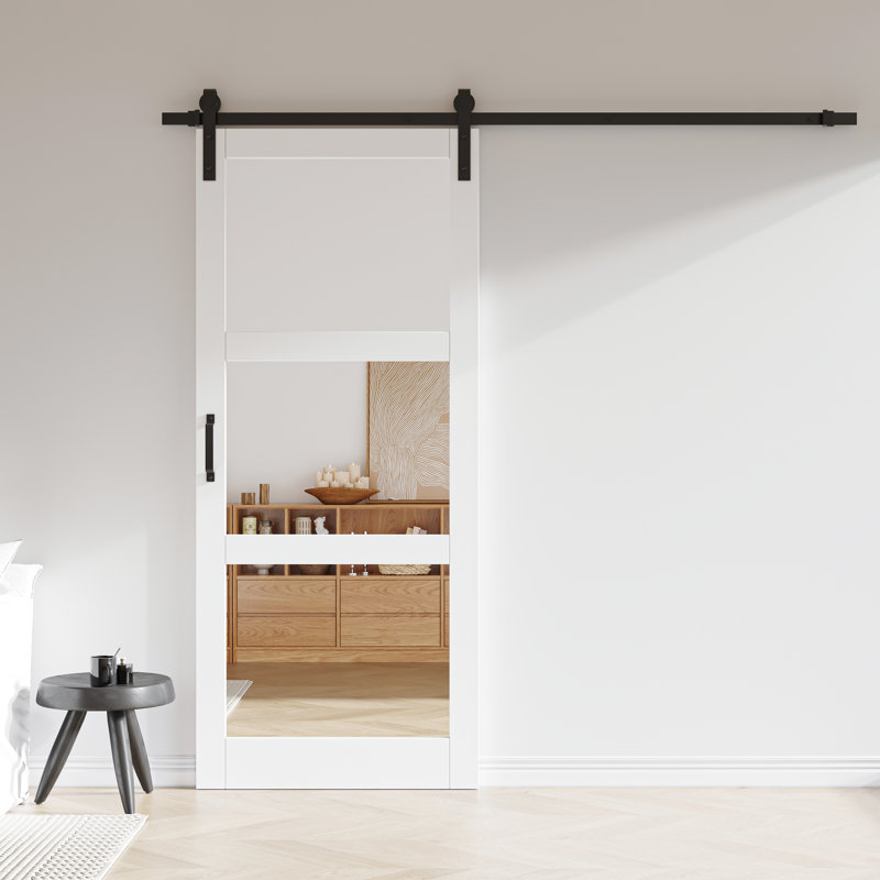 Double-sided  Glass Mirror and Solid Manufactured Wood Sliding Barn Door with Installation Hardware Kit(Soft Close Inclued)