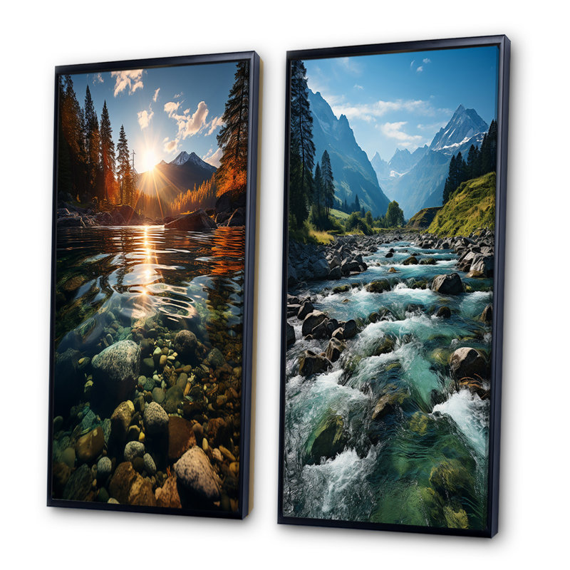 «River Reflections», 2 pièces sur toile, H 32 po x l 32 po, Cadre noir