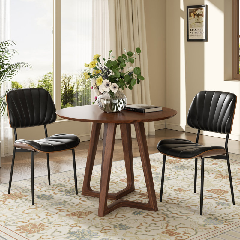 Modern Pu Leather Upholstered Dining Chairs,Solid Wood Backrest Side Chair for Kitchens,Living Rooms(Set of 2), Black 