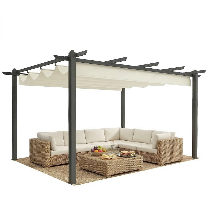 Kishmore 4 x 3(m) Aluminium Outdoor Pergola, Retractable Roof, Cream White