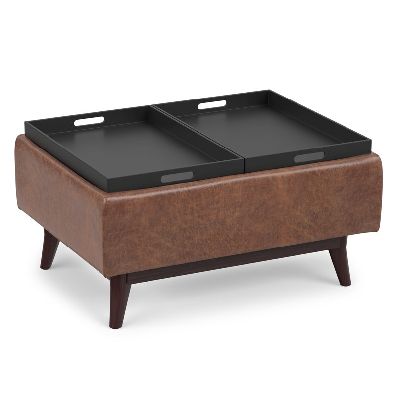 Owen 34"W Upholstered Mid-Century Modern Rectangular Flip-Top Ottoman with Tray Top, Distressed Saddle Brown Faux Leather