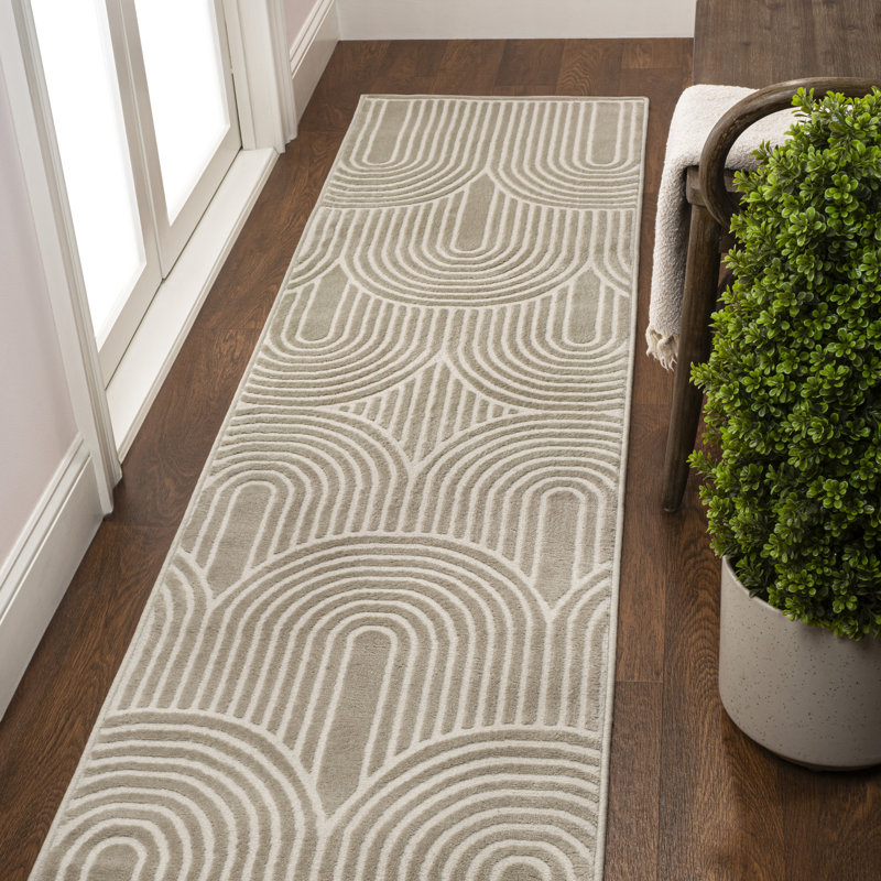 Megane MidCentury Art Deco Striped Arches Two-Tone High-Low Beige/Cream Rug, Runner 2' x 8'