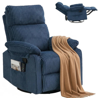 Manual Small Recliner Rocking Chair For Nursery/relaxation, Corduroy Swivel Glider Recliner For Living Room Bedroom, Brown Rocking Chair Nursery Recliners For Small Spaces, Side Pockets (navy Blue)