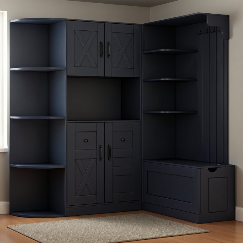 Multifunctional Left-right Combination Hall Cabinet (can Be Used Separately) With Storage And 4 Hooks, Storage Cabinet/ Hall Tree 2 In 1 For Living Room, Kitchen And Hallway, Antique Blue