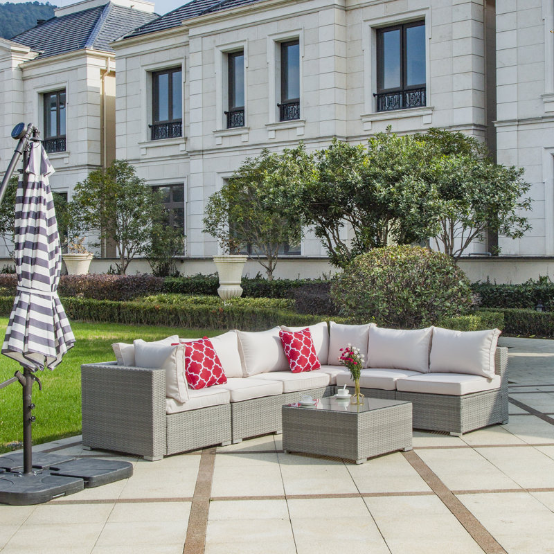7 - Person Patio Conversation Set with Cushions, Ivory, Gray