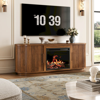 Curved Fireplace TV Stand, Entertainment Center with Sliding Doors, 67" Electric Fireplace TV Stand For Living Room