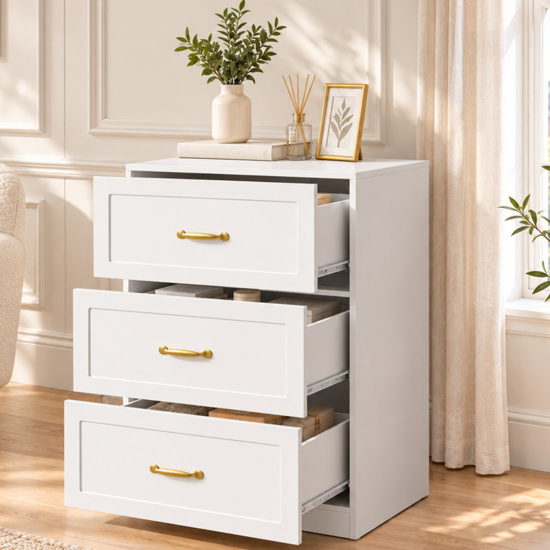 Abrielle White 3-Drawer Chest of Drawers with Gold-Tone Handles