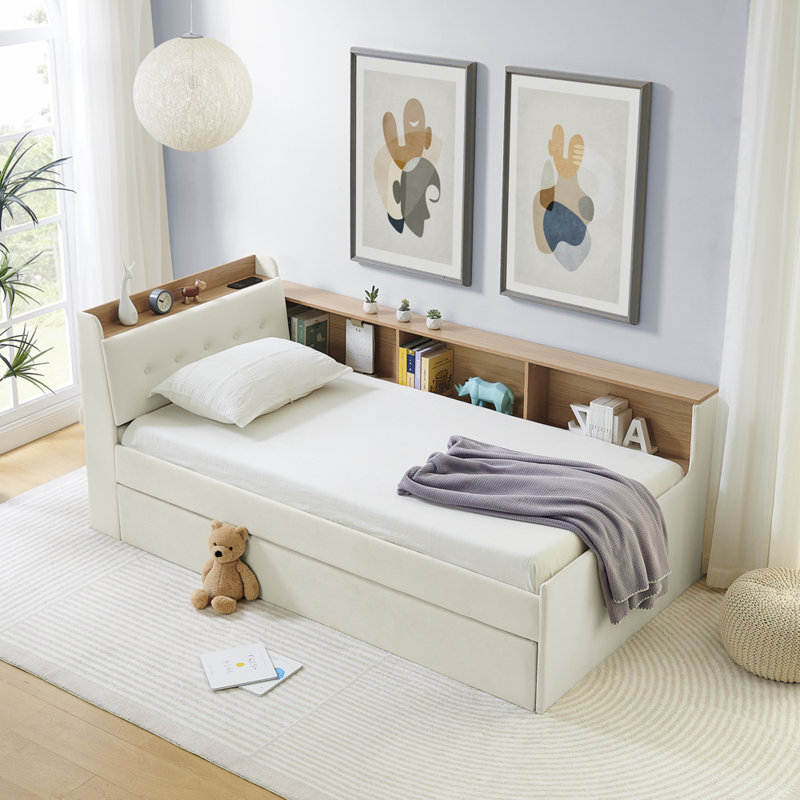  Twin Velvet Height Adjustable Day Bed with Storage Headboard, Wireless Charging and Trundle, Beige, Beige