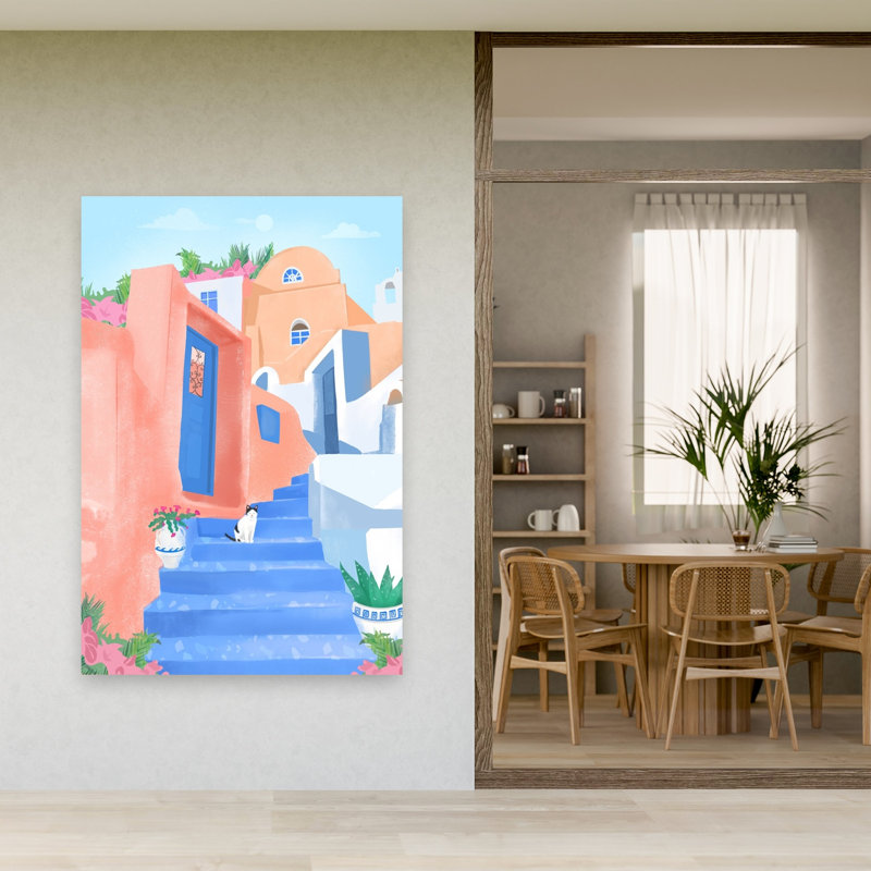 Santorini Street Abstract Contemporary Cat Summer Architecture Wall Art Print by Petra Lizde - Wrapped Canvas Print