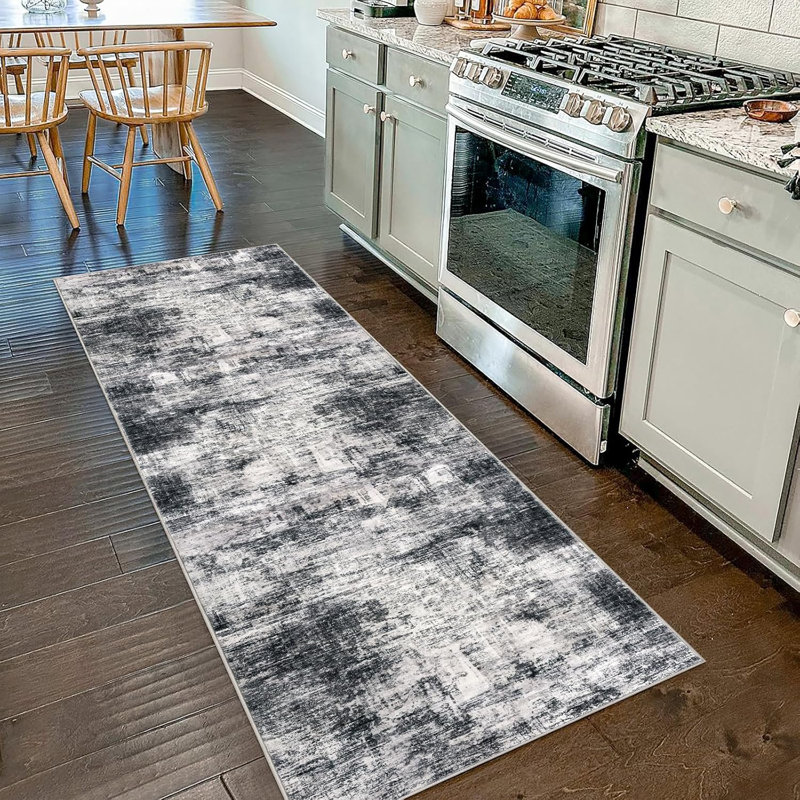 Tapis de cuisine abstrait lavable, Tapis de couloir 2 pi x 7 pi, Noir / gris / blanc