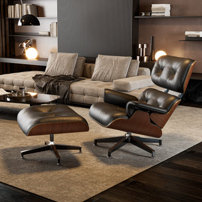 Méridienne Mid-Century en cuir véritable avec repose-pieds, structure en bois massif, pieds en aluminium robuste, mousse à mémoire de forme