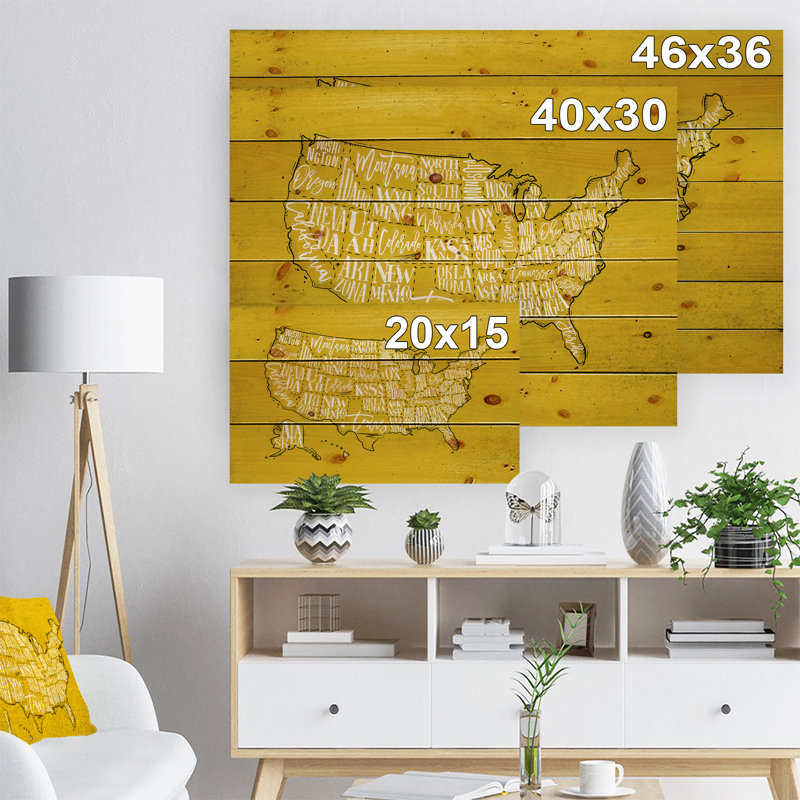 « united states the yellow map », impression, Bois, H 36 po x l 46 po x P 1,5 po