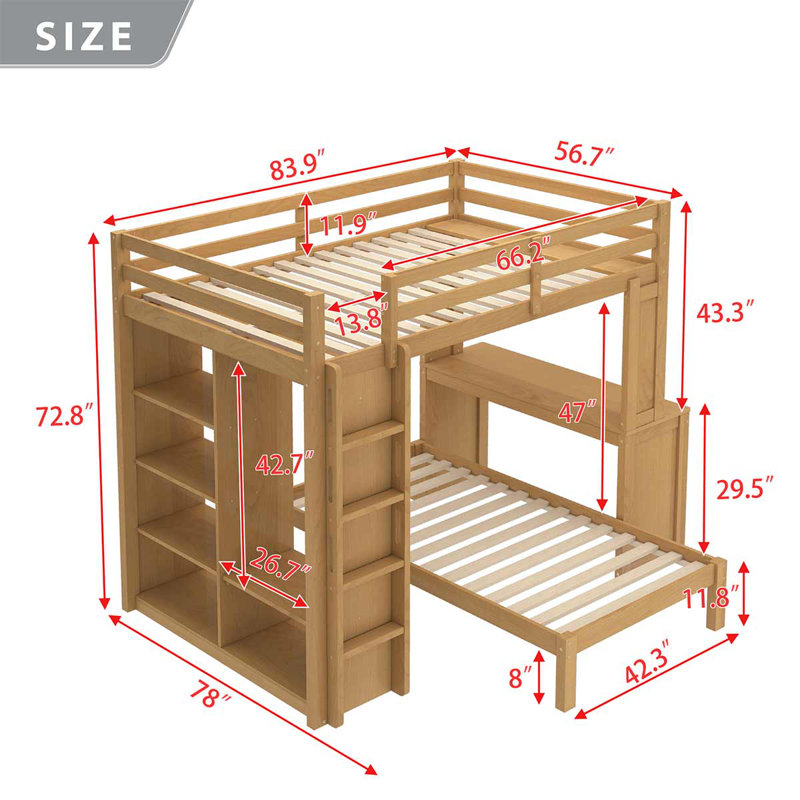 Structure de lits superposés en bois massif avec tablettes intégrées et garde-robe, lit superposé avec lit inférieur démontable et bureau