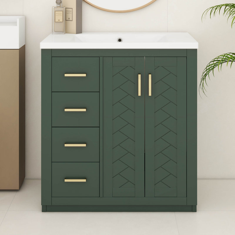 30 Inch Bathroom Vanity With Ceramic Sink, 3 Drawers And 2 Doors, Freestanding Bathroom Vanities, Soft Closing, Solid Wood Frame