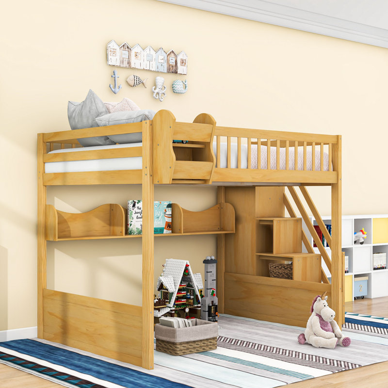 Lit mezzanine en bois avec escalier, garde-robe et tablettes de rangement, Naturel
