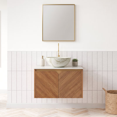 Meuble-lavabo mural simple 24 po x P 18 po x H 34 po à grain de bois chêne brun avec vasque en céramique à motif de pierre blanche mat et plateau en pierre frittée