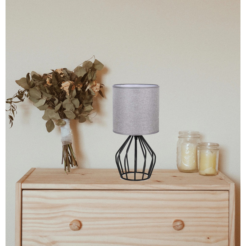 Lampe de table avec abat-jour en tissu et base en fil métallique, Noir, Lin
