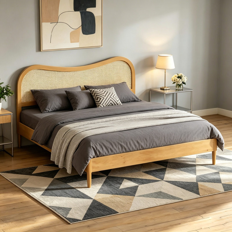 Lit plateforme en bois Boho avec tête de lit courbée en rotin, Très grand lit, Naturel
