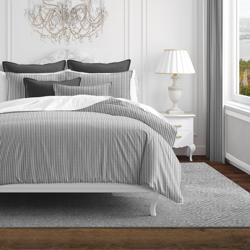 Walker Ticking Stripe Indigo/White Cotton Coverlet Set, Super Queen Coverlet / Bedspread + 2 Queen Shams, Iron/Ivory